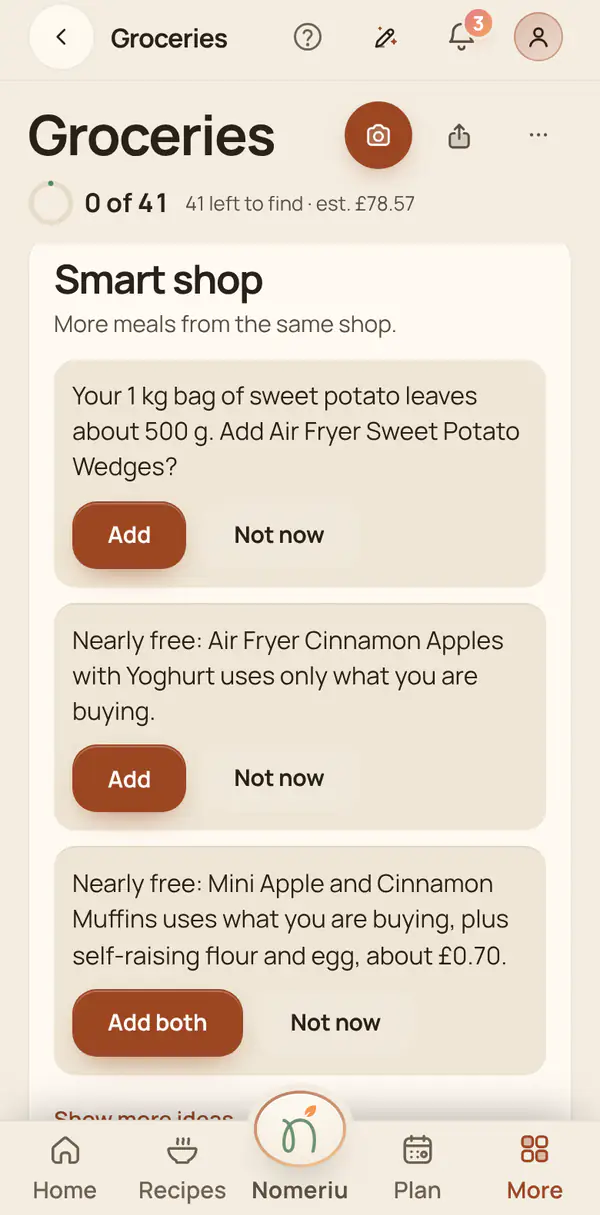 The Nomeriu Smart shop panel with ideas for the week