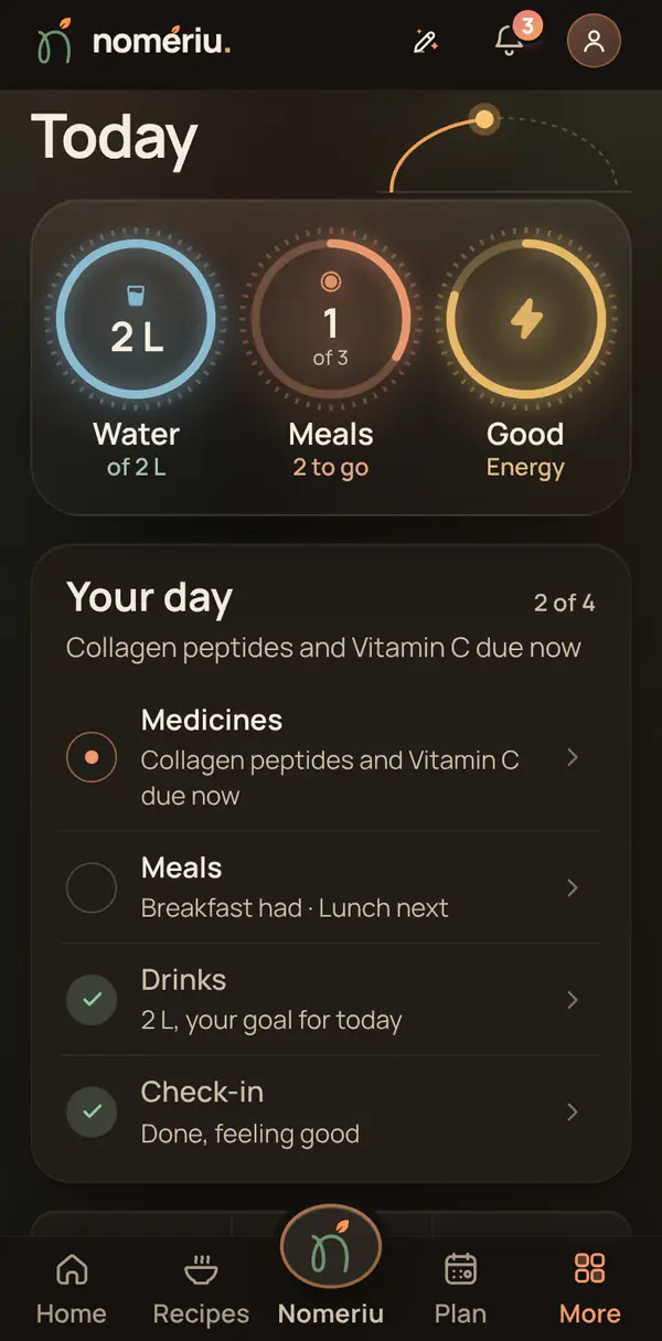The Nomeriu Today screen with rings for water, meals and the check-in